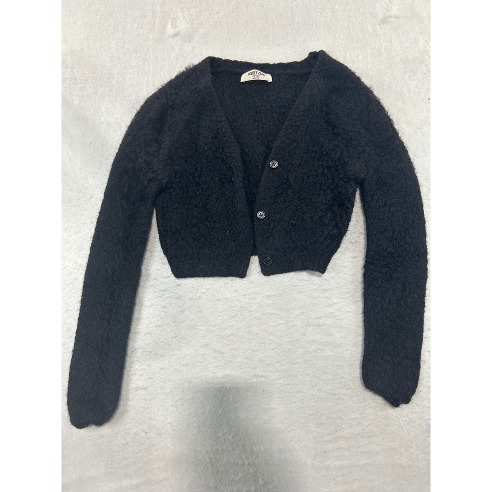 Double Zero Black Fuzzy Cropped Cardigan Sweater Long Sleeve V-Neck Spicy Small